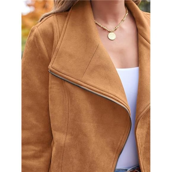 Womens Faux Leather Jacket Suede Fall Fashion Open Front Cropped Coat Outwear - Picture 5 of 6